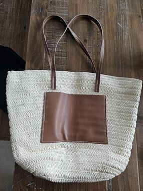 Woven Straw Tote with Brown Accent - Women Bags
